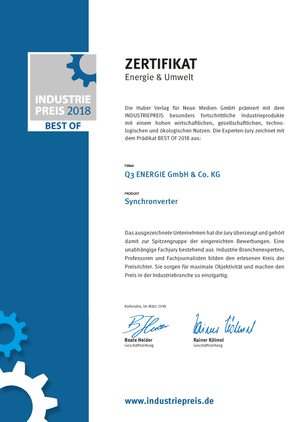 Zertifikat BEST OF INDUSTRIEPREIS SYNCHRONVERTER 2018